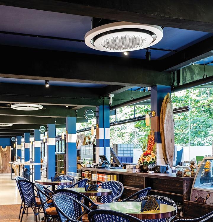 Samsung 360 cassette mini split installed in commercial restaurant ceiling